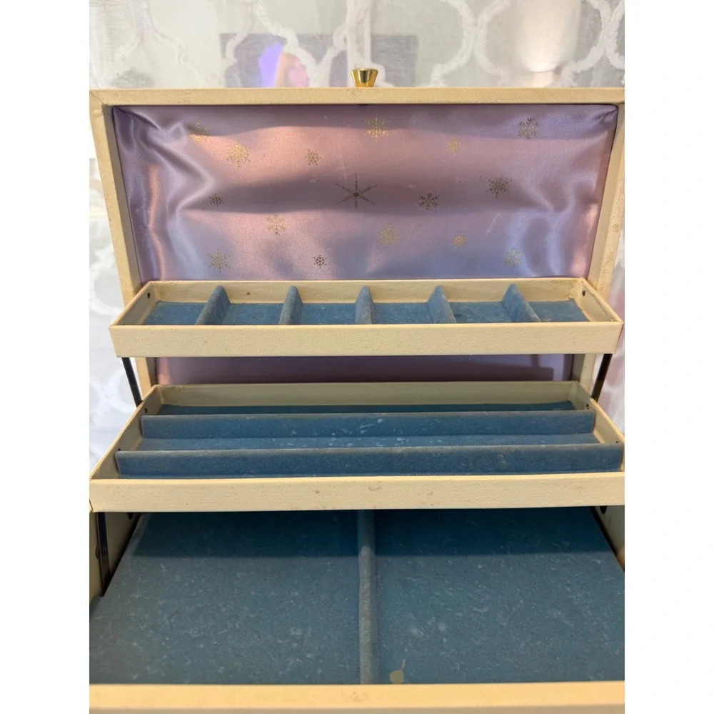 Vintage Cream Faux Leather Multi Tier Jewelry Box Blue Velvet Lilac Satin Lining
